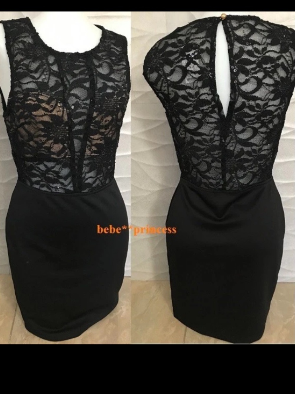 New Bebe 2b black cream lace floral top cutout back dress m medium